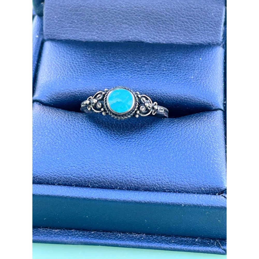 Vintage Southwest Blue Turquoise Ring With Flowers Sz 7 3/4 - Picture 2 of 10
